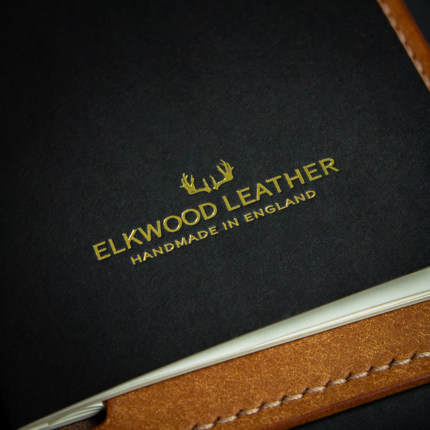 Handmade Leather Notebook Holder with pen holder and card slot. Leather Journal close up of Moleskin notebook- Castagno & Cognac Peublo Leather