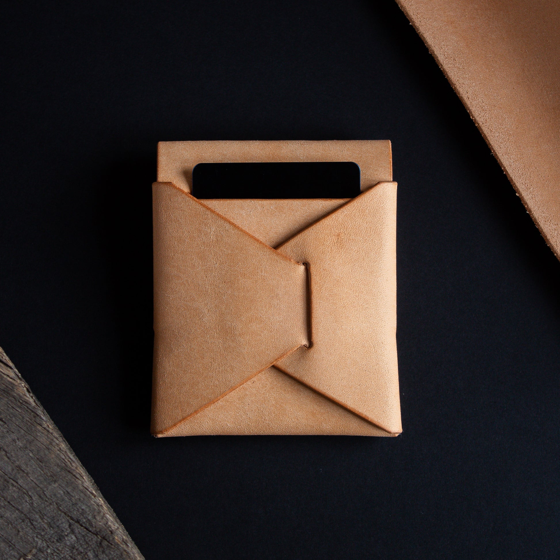 Everyday carry stitches wallet in natural vegetable tanned leather - back side quick access card slot - leather locking tab