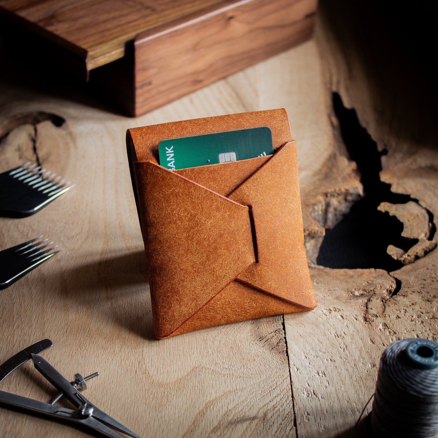 EDC Leather stitchless wallet - reverse quick access card slot - with leather locking tab