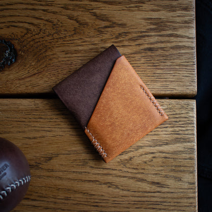 PDF TEMPLATE - Elkwood Leather - The Blackthorn - EDC Flap full grain Italian Pueblo leather cardholder wallet closed back side quick access slot on wooden table next to brown leather baseball