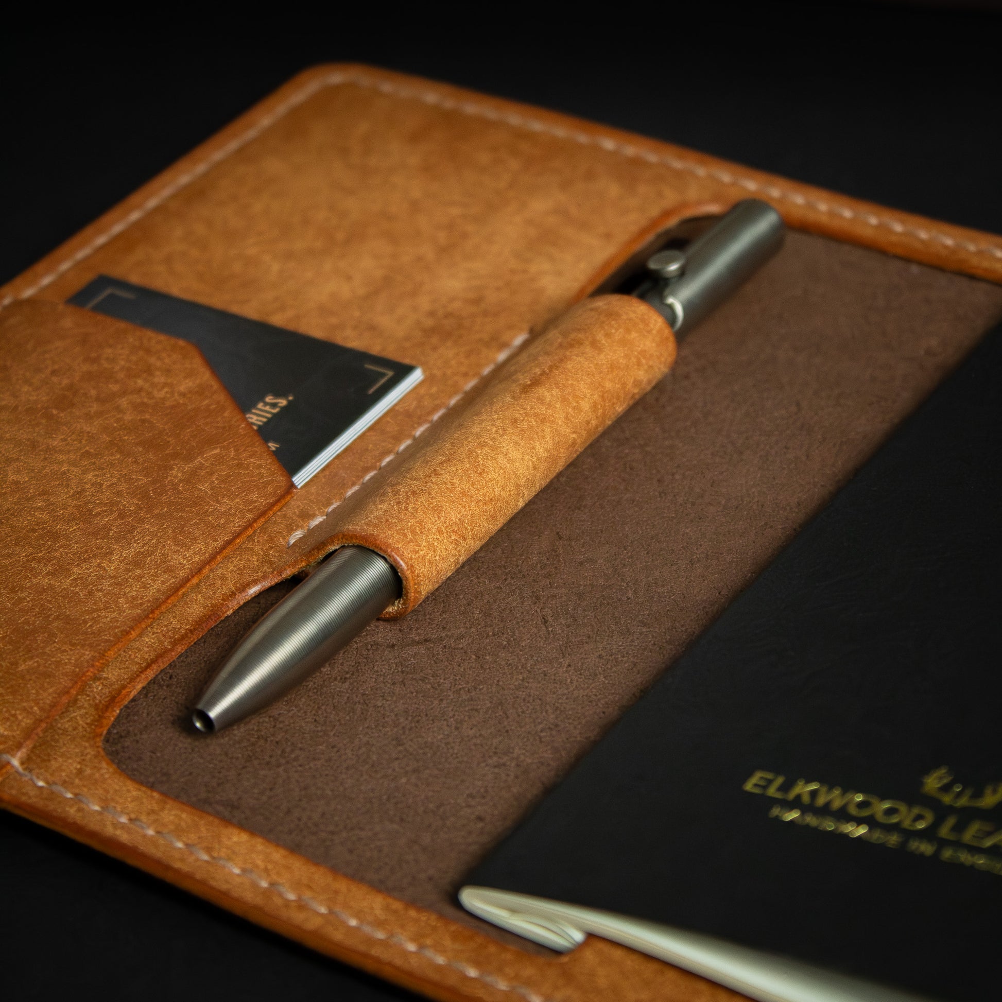 Handmade Leather Notebook Holder close up of pen holder and card slot. Leather Journal - Castagno & Cognac Peublo Leather