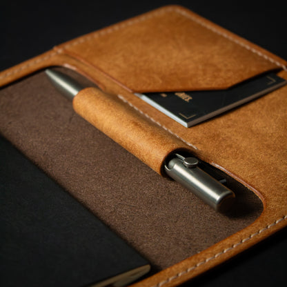 Handmade Leather Notebook Holder with pen holder in leather loop and card slot. Leather Journal - Castagno & Cognac Peublo Leather