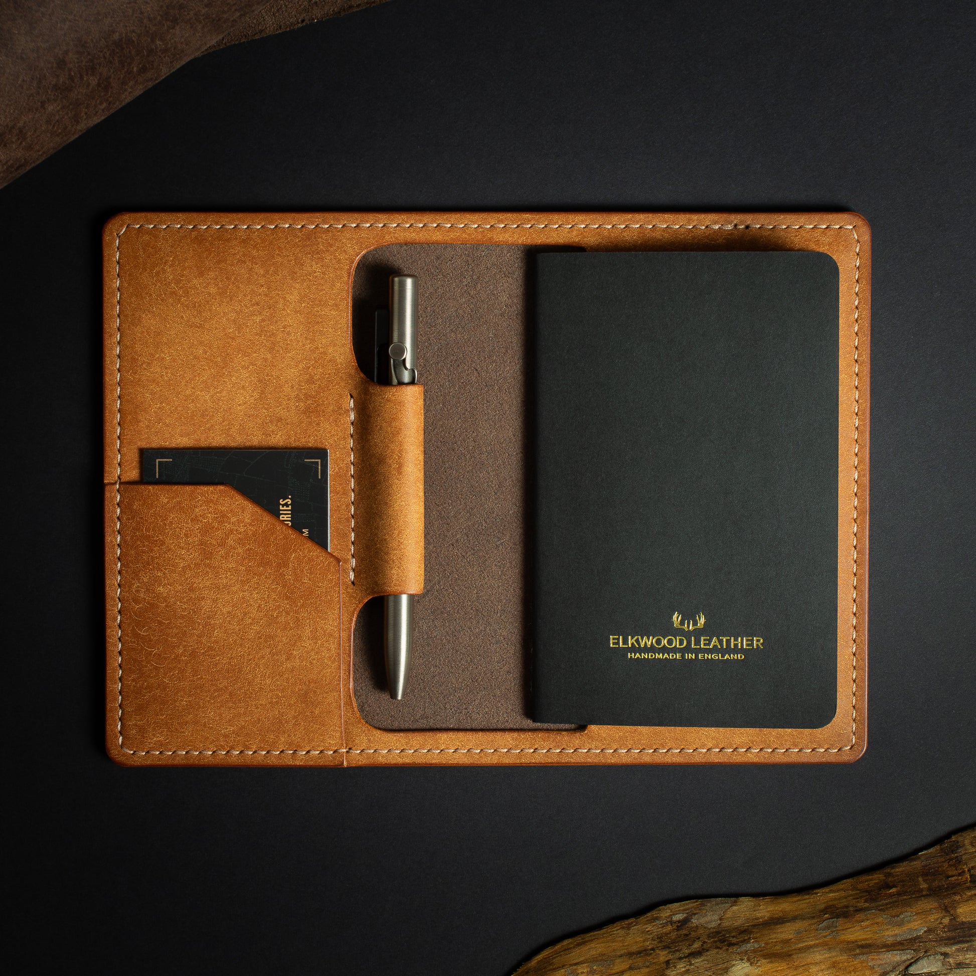 Handmade Leather Notebook Holder with pen holder and card slot. Leather Journal - Castagno & Cognac Peublo Leather