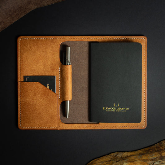 Handmade Leather Notebook Holder with pen holder and card slot. Leather Journal - Castagno & Cognac Peublo Leather