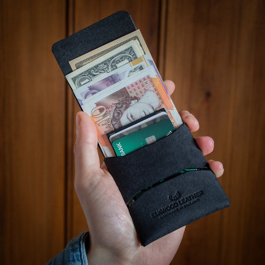 Stitchless EDC black wallet - Open with unfolded Cash/Bills and cards