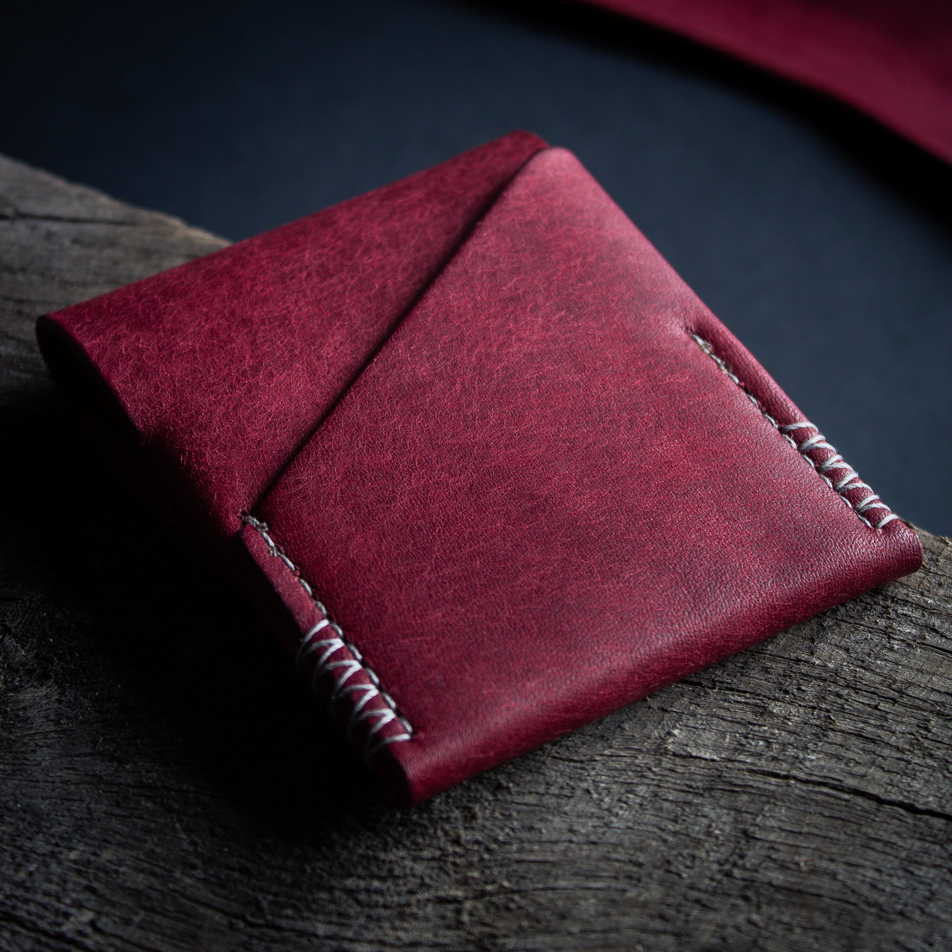 Elkwood Leather - The Blackthorn - EDC Flap full grain Italian Pueblo leather cardholder wallet closed in red Mosto Pueblo leather back quick access slot