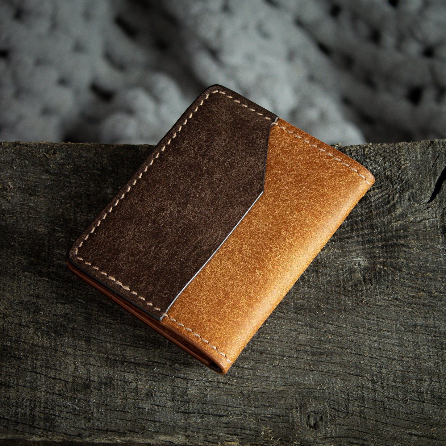 Elkwood Leather - The Cedar - Bi-fold full grain Italian Pueblo leather cardholder wallet closed back pocket with small antler horn logo onto of rugged wood