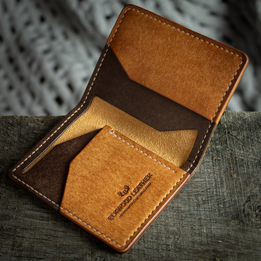 Elkwood Leather - The Cedar - Bi-fold full grain Italian Pueblo leather cardholder wallet open pockets on rustic wood