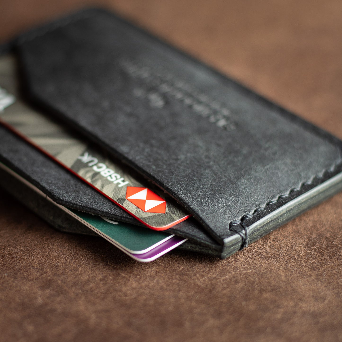 Close up of credit cards in a black leather cardholder wallet