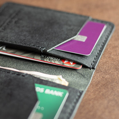 Close up of cash and credit cards inside a black leather bifold cardholder wallet